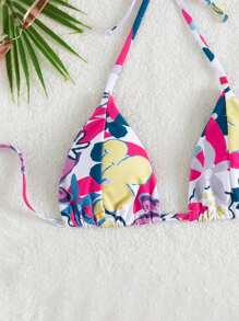 Floral Print Halter Triangle Bikini Top - Multicolor - View 3