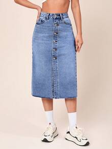 SHEINBlues Coolmax Button Front Raw Hem Denim Skirt - Light Wash - View 2
