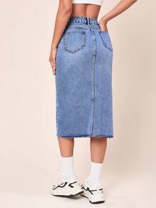 SHEINBlues Coolmax Button Front Raw Hem Denim Skirt - Light Wash - View 3