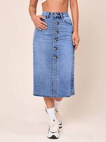 SHEINBlues Coolmax Button Front Raw Hem Denim Skirt - Light Wash - View 4