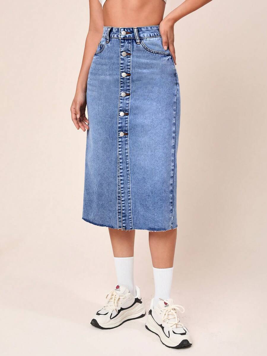 SHEINBlues Coolmax Button Front Raw Hem Denim Skirt - Light Wash - View 1