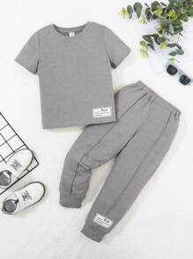 SHEIN Bộ thời trang bé trai Đắp vá Lá thư Giải trí - Màu Xám nhạt - Xem 1