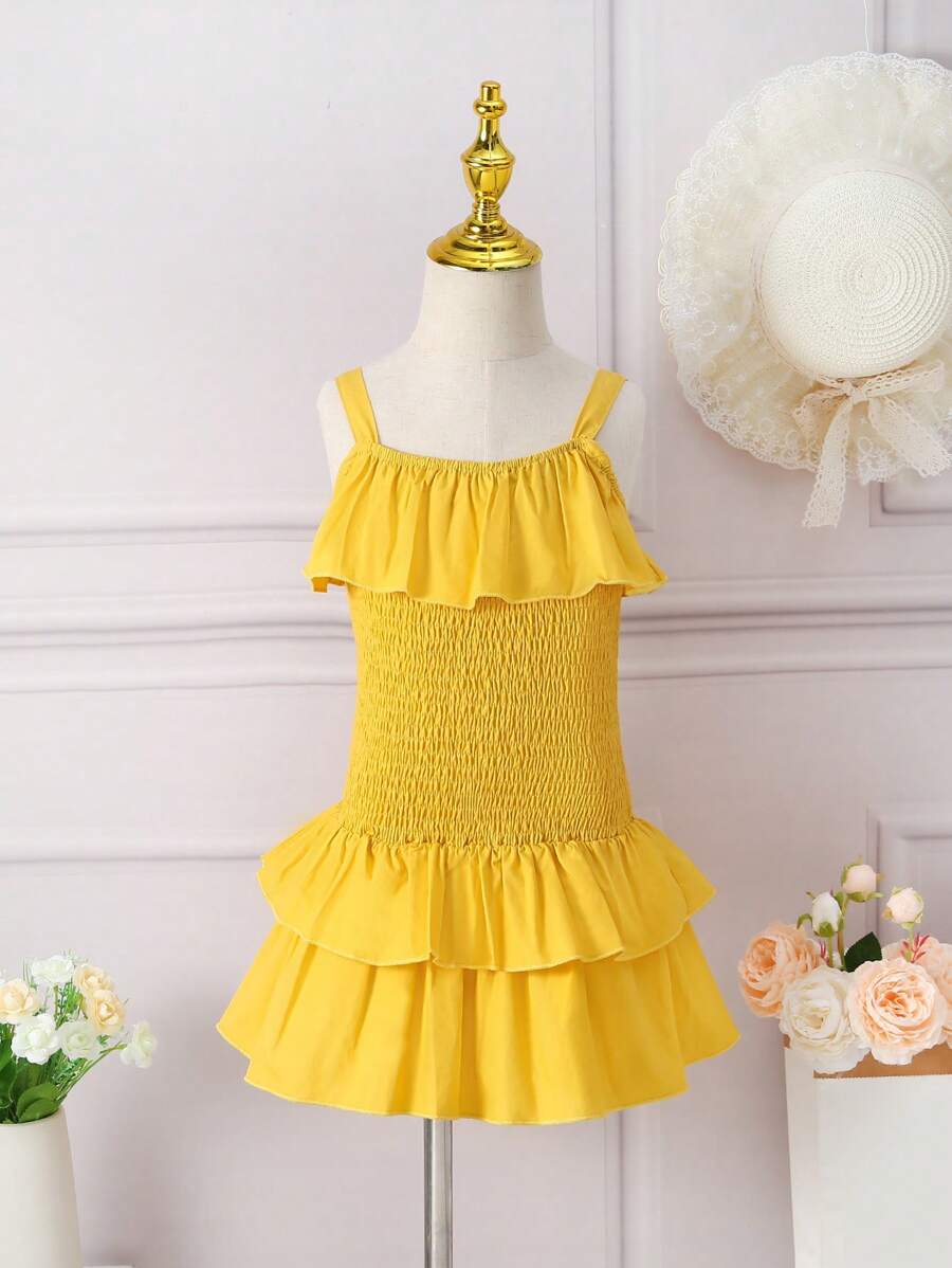 Toddler Girls' Ruffle Trim Strappy Round Neck Elastic Waist Sleeveless Dress With Tiered Ruffle Hem - Yellow - View 1