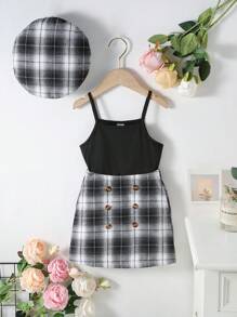 Toddler Girls Solid Cami Top & Plaid Print Skirt & Hat - Black and White - View 1