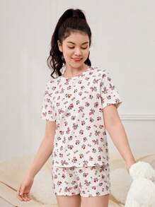 SHEIN 青少年女孩碎花T恤和短褲睡衣套裝 - 彩色 - 查看 2