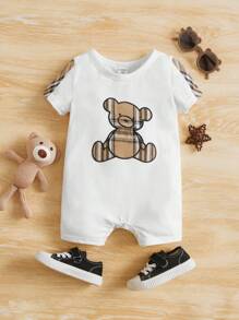 SHEIN 男婴卡通熊刺绣圆领短袖休闲连体衣 - 白色 - 查看 1
