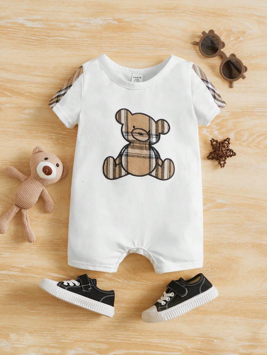SHEIN 男婴卡通熊刺绣圆领短袖休闲连体衣 - 白色 - 查看 1
