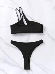 鏤空單肩比基尼泳裝 - 黑色 - 查看 6