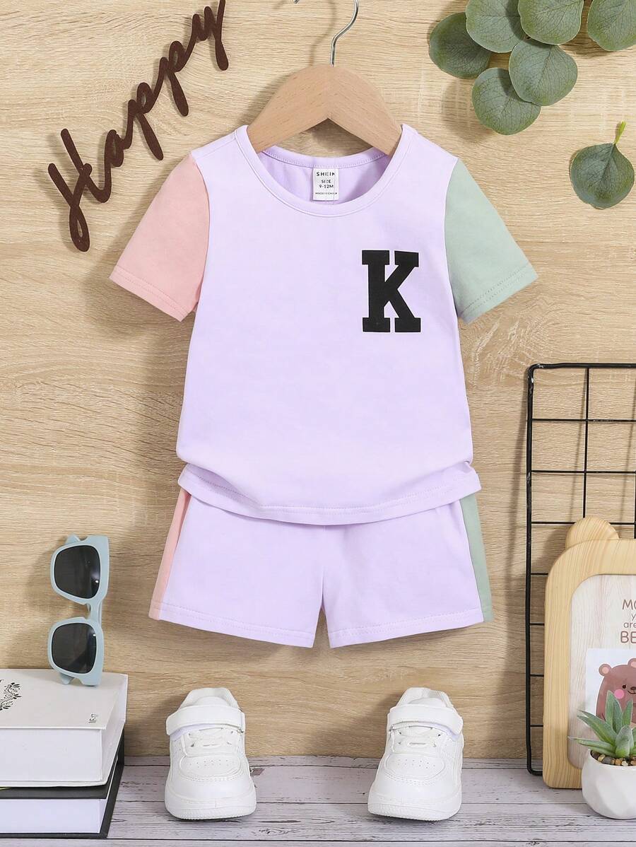 SHEIN Bebé niño Shorts con camiseta con estampado de letra de color combinado - Multicolor - Ver 1