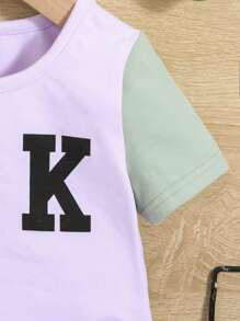 SHEIN Bebé niño Shorts con camiseta con estampado de letra de color combinado - Multicolor - Ver 3