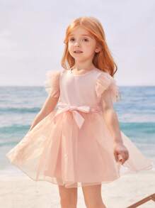 SHEIN 年輕女孩們荷葉袖網紗覆蓋派對禮服 - 淺粉色 - 查看 5