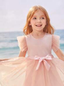 SHEIN 年輕女孩們荷葉袖網紗覆蓋派對禮服 - 淺粉色 - 查看 6