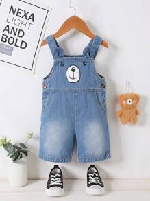 男嬰卡通圖案3D耳朵設計牛仔連體短褲 - 淺色水洗藍 - 查看 1