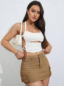 SHEIN ICON 側翻蓋口袋工裝牛仔半身裙 - 棕色 - 查看 4