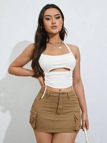 SHEIN ICON 側翻蓋口袋工裝牛仔半身裙 - 棕色 - 查看 5