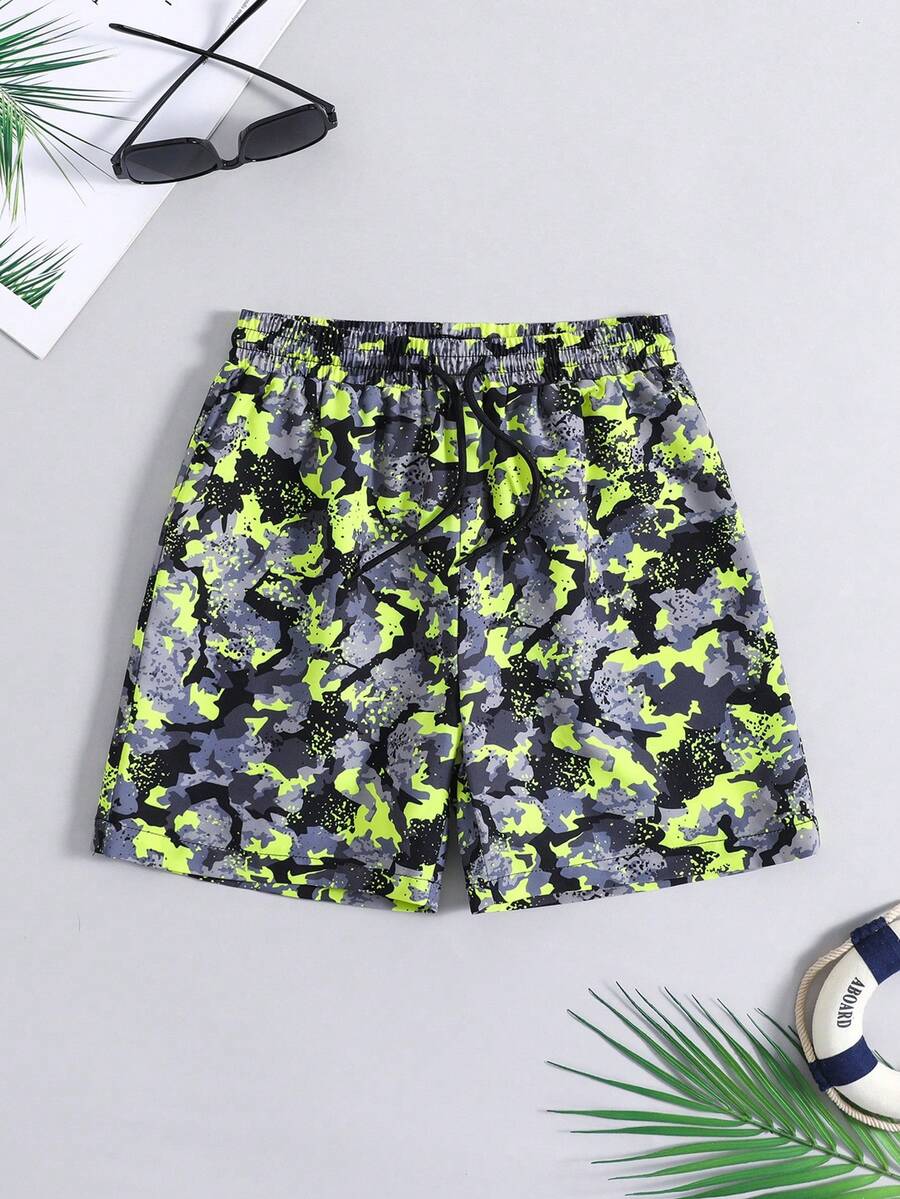 SHEIN Boys Camo Print Drawstring Waist Swim Shorts - Multicolor - View 1