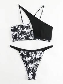 熱帶圖案不對稱領比基尼泳裝 - 黑與白 - 查看 3