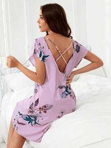 Váy ngủ & áo ngủ Nữ Lộ Lưng Hội Chữ thập Hoa - Màu Lilac Tím - Xem 3