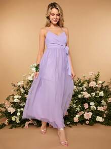 SHEIN Belle 素色網紗覆蓋側打結吊帶裙伴娘禮服 - 紫丁香色 - 查看 4