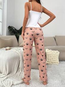 Cartoon Graphic Cami Top & Bow Front Trousers PJ Set - Multicolor - View 2