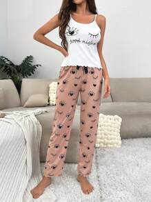 Cartoon Graphic Cami Top & Bow Front Trousers PJ Set - Multicolor - View 5
