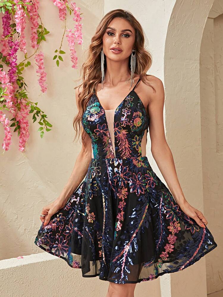 YISIKADO Floral Sequin Lace Up Backless Contrast Mesh Cami Dress - Black - View 4