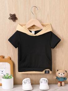 嬰兒補丁細節拼接邊連帽T恤 - 黑色 - 查看 1