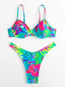 熱帶圖案帶鋼圈比基尼泳裝 - 彩色 - 查看 2