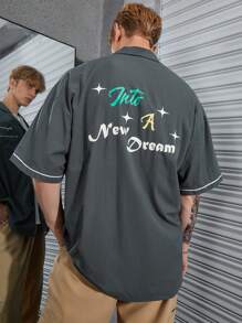 Manfinity Loose Fit Men's Letter Graphic Contrast Piping Shirt - Dark Green - View 3