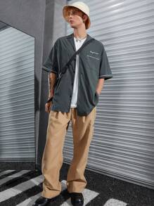 Manfinity Loose Fit Men's Letter Graphic Contrast Piping Shirt - Dark Green - View 4