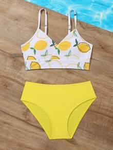 Tween Girl Lemon Print Bikini Set Summer Beach - Multicolor - View 5
