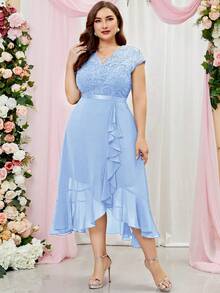 MIUSOL Plus Floral Lace Bodice Chiffon Ruffle Trim Evening Party Long Dress - Baby Blue - View 4