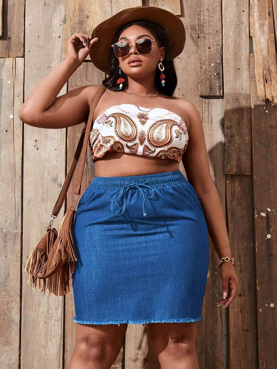 SHEIN SXY Plus Drawstring Waist Raw Hem Denim Skirt - Medium Wash - View 1