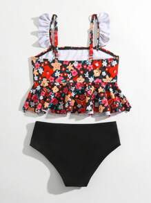 Conjunto de bikini con estampado floral y ribete de volantes para niña joven, para la playa de verano - Multicolor - Ver 2