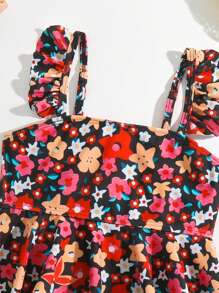 Conjunto de bikini con estampado floral y ribete de volantes para niña joven, para la playa de verano - Multicolor - Ver 4
