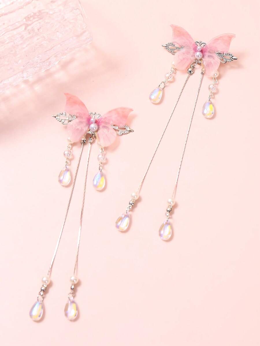 2个蝴蝶水滴装饰发夹，优雅粉色配饰，爪夹，发卡，学习用品，发饰