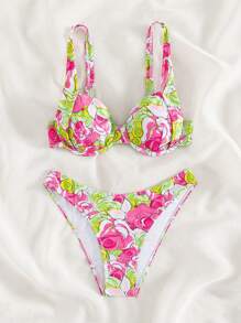 花卉印花钢圈比基尼套装，适合夏季海滩度假 - 彩色 - 查看 5
