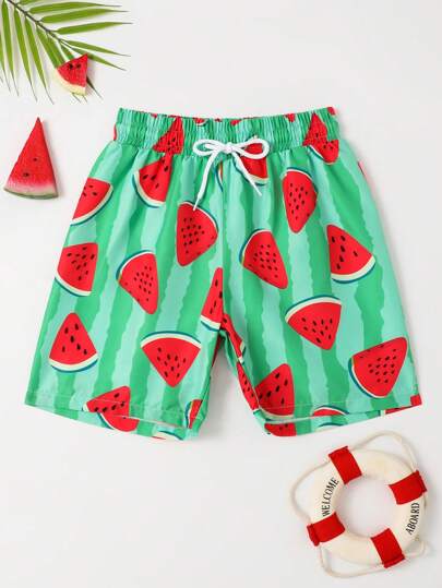 SHEIN Tween Boy Watermelon Print Drawstring Waist Swim Shorts