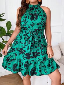 SHEIN LUNE Plus Floral Print Ruffle Hem Belted Halter Dress - Green - View 1