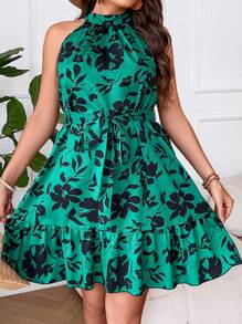 SHEIN LUNE Plus Floral Print Ruffle Hem Belted Halter Dress - Green - View 5