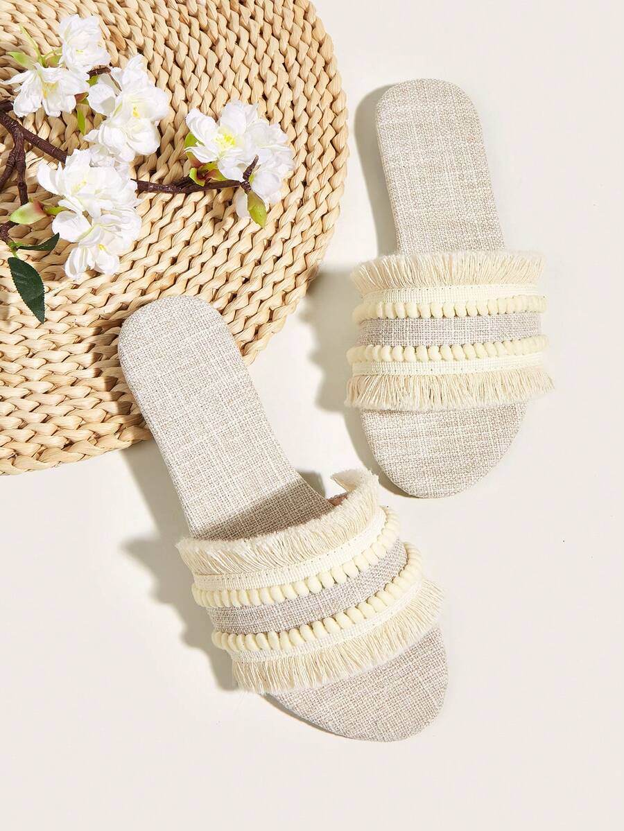 Women Pom Pom Decor Fringe Trim Slide Sandals, Polyester Vacation Sandals Outdoor - Beige - View 1