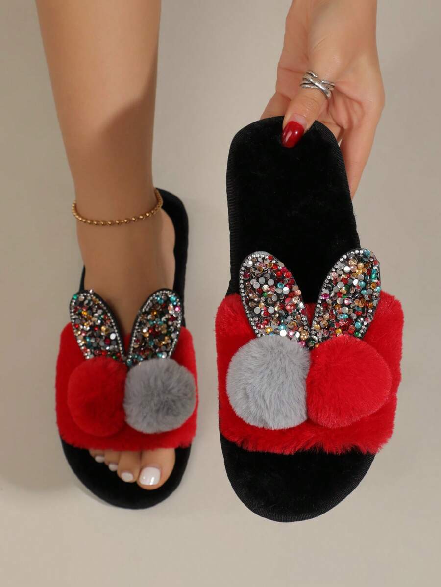 Phụ nữ Sequin & Pom Pom Trang trí Dép bông mới lạ, Dép đi trong nhà Preppy - Đỏ - Xem 1