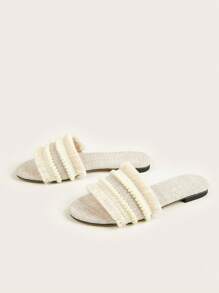 Women Pom Pom Decor Fringe Trim Slide Sandals, Polyester Vacation Sandals Outdoor - Beige - View 2