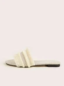 Women Pom Pom Decor Fringe Trim Slide Sandals, Polyester Vacation Sandals Outdoor - Beige - View 3