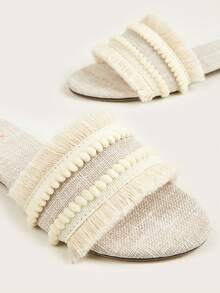 Women Pom Pom Decor Fringe Trim Slide Sandals, Polyester Vacation Sandals Outdoor - Beige - View 4