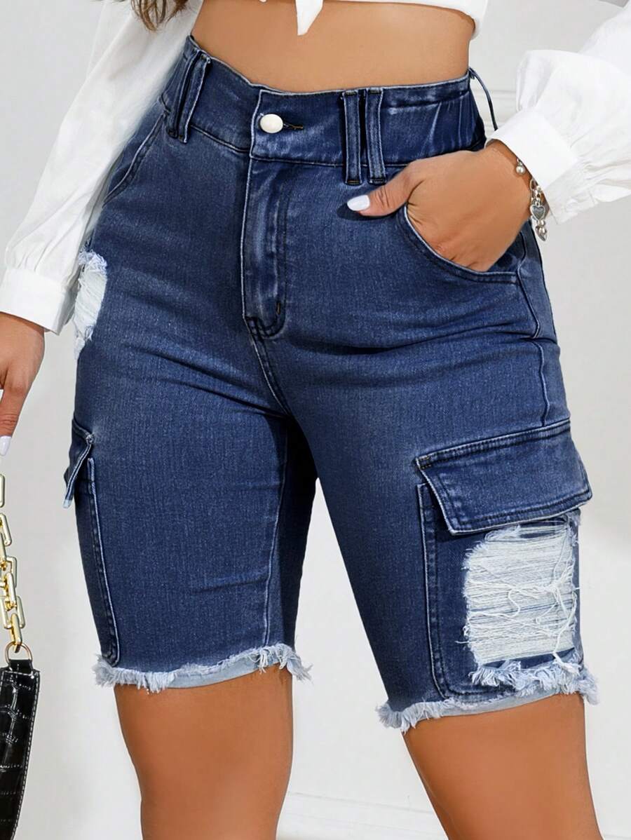 SHEIN EZwear 高腰破洞毛邊牛仔短褲 - 中等水洗藍 - 查看 1