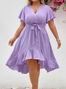 SHEIN Clasi Plus Swiss Dot Butterfly Sleeve Ruffle Hem Belted Dress - Lilac Purple - View 5