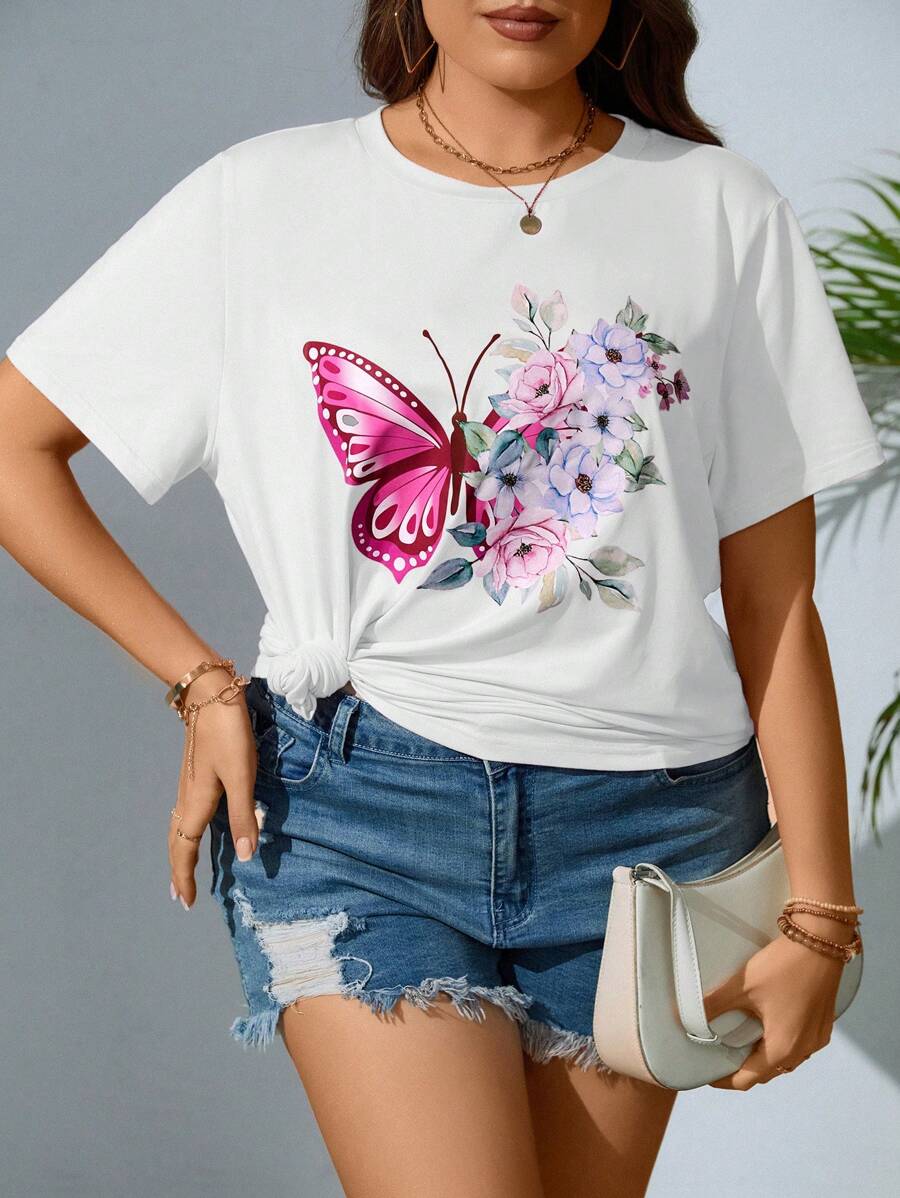 SHEIN LUNE 大碼花卉和蝴蝶圖案T恤 - 白色 - 查看 1