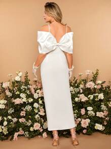 SHEIN Belle 1pc Cold Shoulder Ruched Bust Split Thigh Wedding Dress - White - View 2