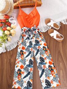 Tween Girl Tropical Print Ruffle Trim Cami Jumpsuit - Burnt Orange - View 1